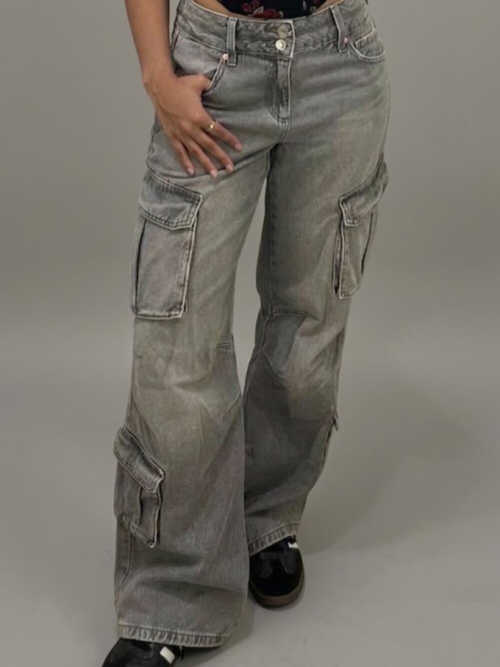 Garage Denim High Rise Wide Leg Cargo Y2K Pewter Gray Relaxed Jeans, 31" waist